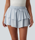 Mid Rise Drawstring Layered Ruffle Hem Satin Casual Shorts — Illusion Blue — view 4