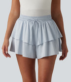 Mid Rise Drawstring Layered Ruffle Hem Satin Casual Shorts — Illusion Blue — view 1