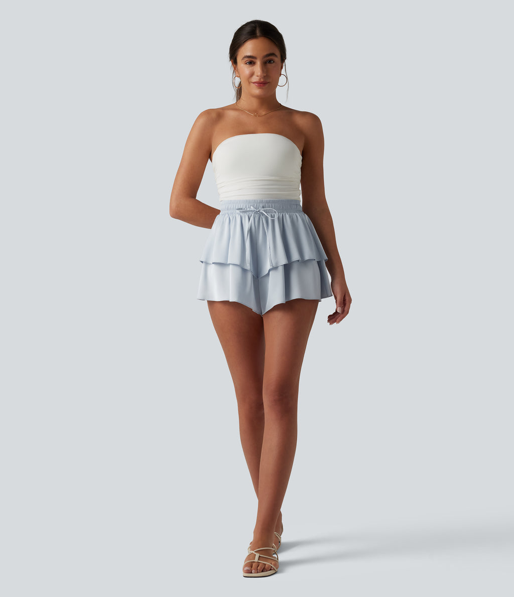 Mid Rise Drawstring Layered Ruffle Hem Satin Casual Shorts — Illusion Blue — view 5