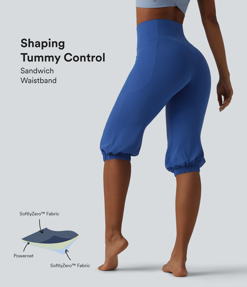 High Waisted Tummy Control Pedal Pushers Dance Balloon Joggers with Pockets — Beaucoup Blue — view 1
