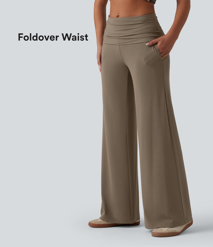 Ribbed Knit Foldover Super High Waisted Baggy Casual Trousers with Pockets — Dawn Brown — view 1
