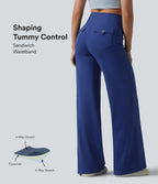 Crossover High Waisted Tummy Control Casual Bootcut Trousers with Pockets — Sodalite Blue — view 1