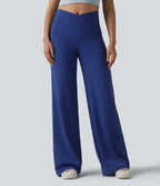 Crossover High Waisted Tummy Control Casual Bootcut Trousers with Pockets — Sodalite Blue — view 3