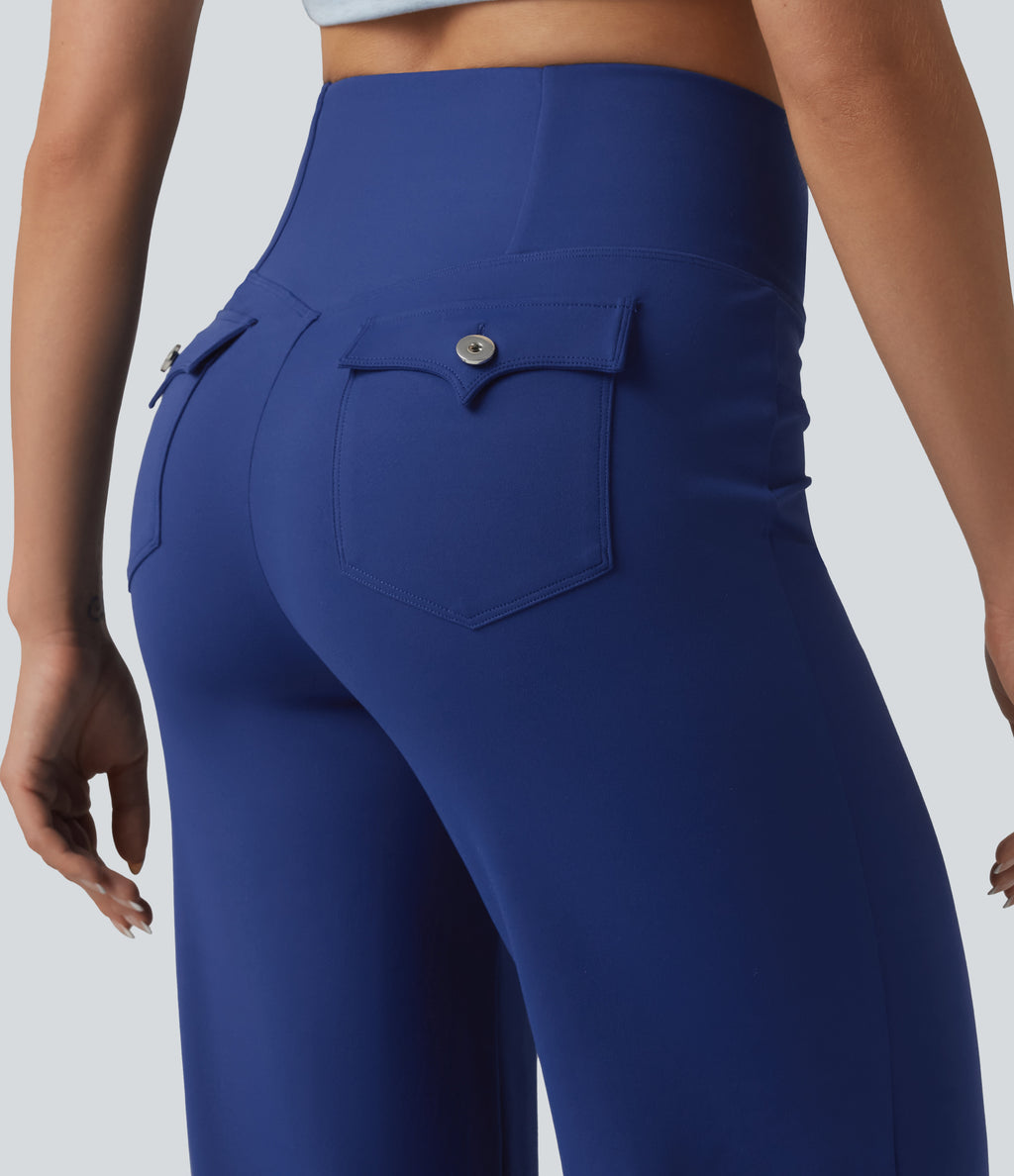 Crossover High Waisted Tummy Control Casual Bootcut Trousers with Pockets — Sodalite Blue — view 4