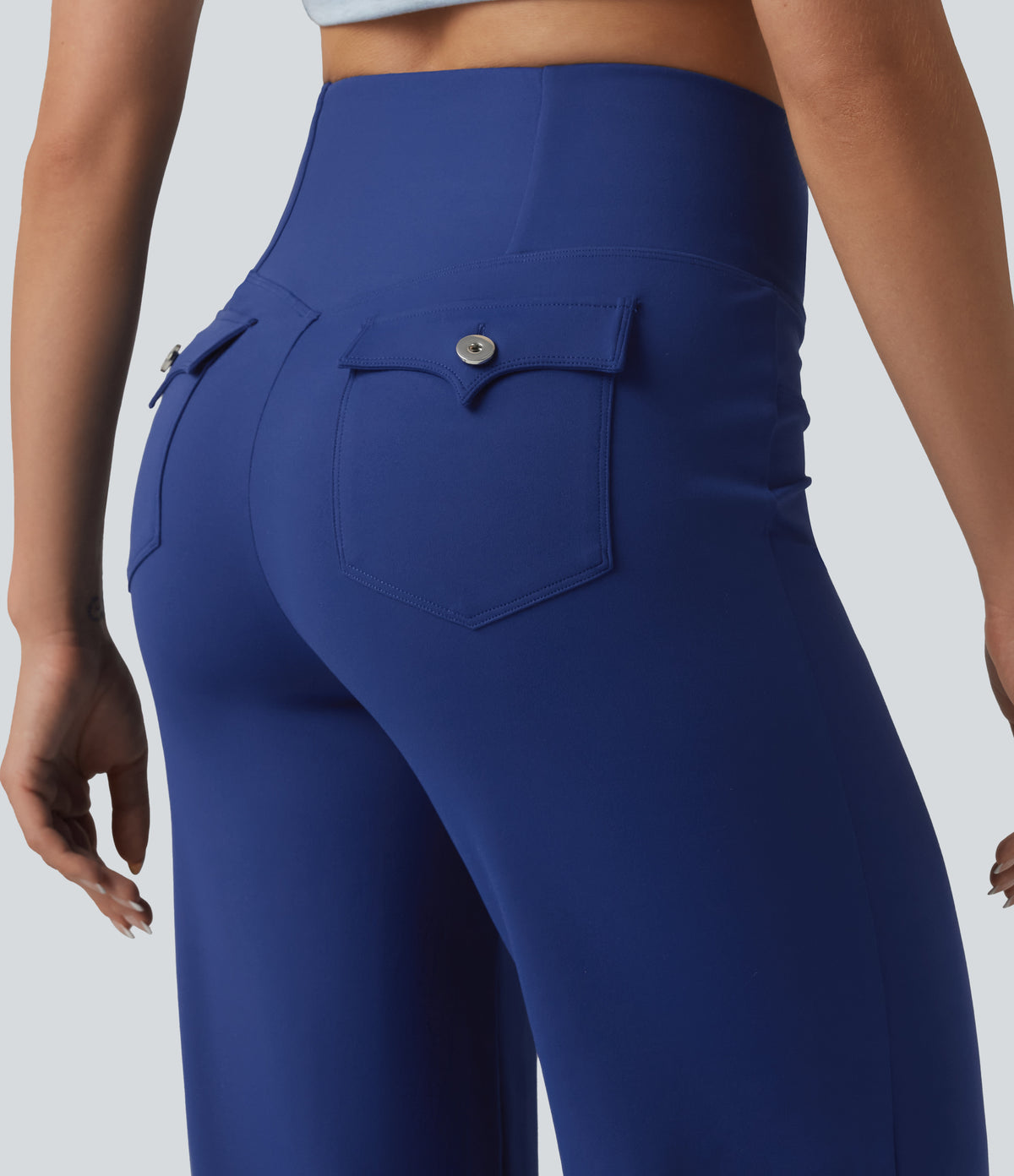 Crossover High Waisted Tummy Control Casual Bootcut Trousers with Pockets — Sodalite Blue — view 4