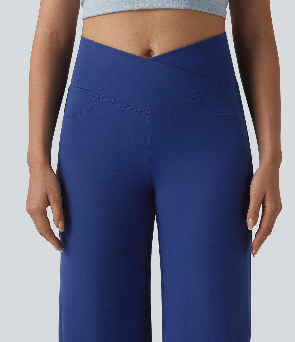 Crossover High Waisted Tummy Control Casual Bootcut Trousers with Pockets — Sodalite Blue — view 5