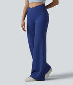 Crossover High Waisted Tummy Control Casual Bootcut Trousers with Pockets — Sodalite Blue — view 2