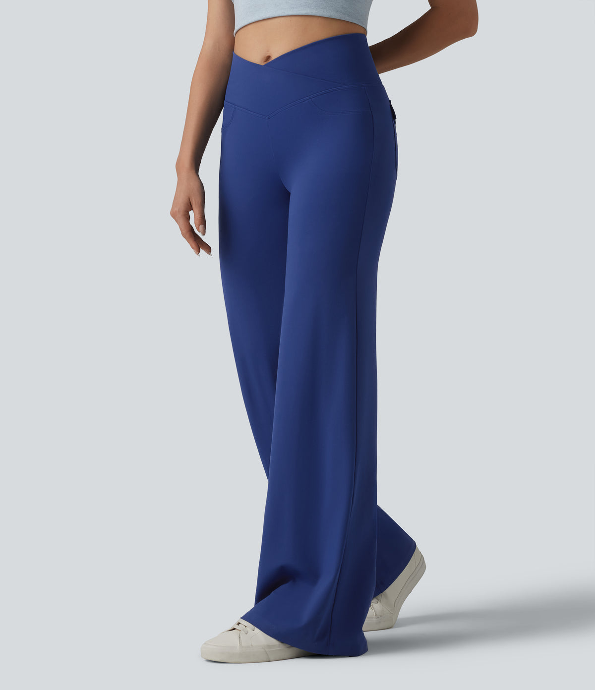 Crossover High Waisted Tummy Control Casual Bootcut Trousers with Pockets — Sodalite Blue — view 2