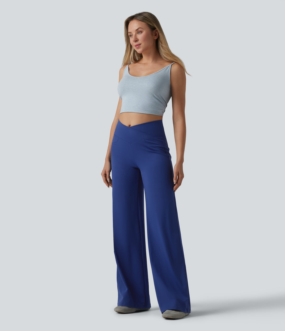 Crossover High Waisted Tummy Control Casual Bootcut Trousers with Pockets — Sodalite Blue — view 6
