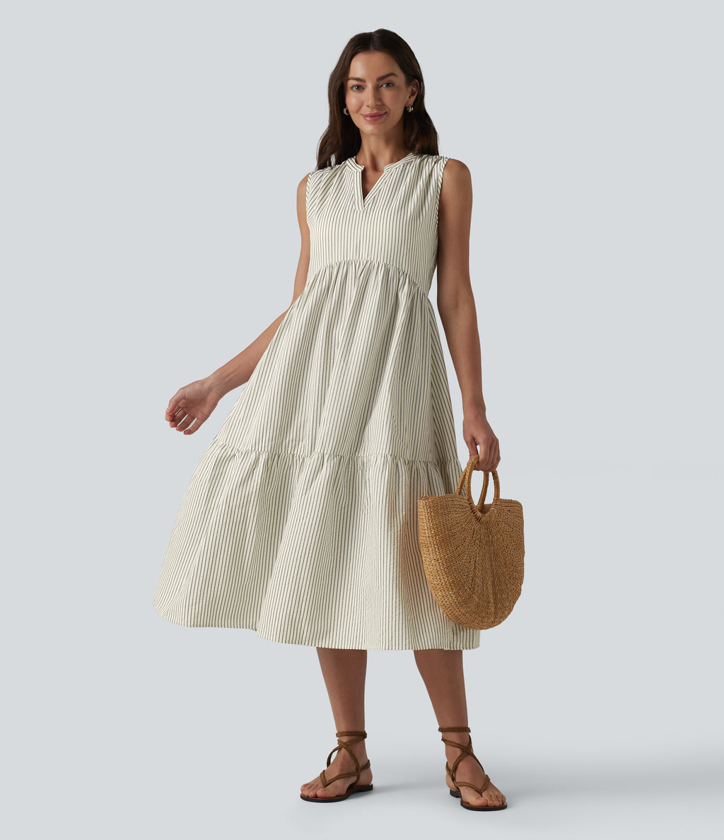 V Neck Built-in Bra Sleeveless Stripe Midi Dress — Foggy Stripe — view 5