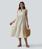 V Neck Built-in Bra Sleeveless Stripe Midi Dress — Foggy Stripe — view 5