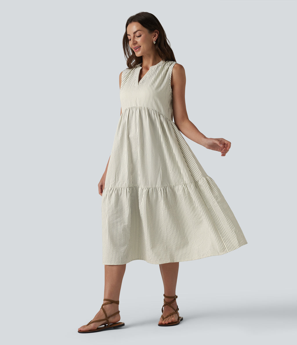 V Neck Built-in Bra Sleeveless Stripe Midi Dress — Foggy Stripe — view 3