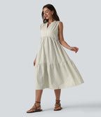 V Neck Built-in Bra Sleeveless Stripe Midi Dress — Foggy Stripe — view 3