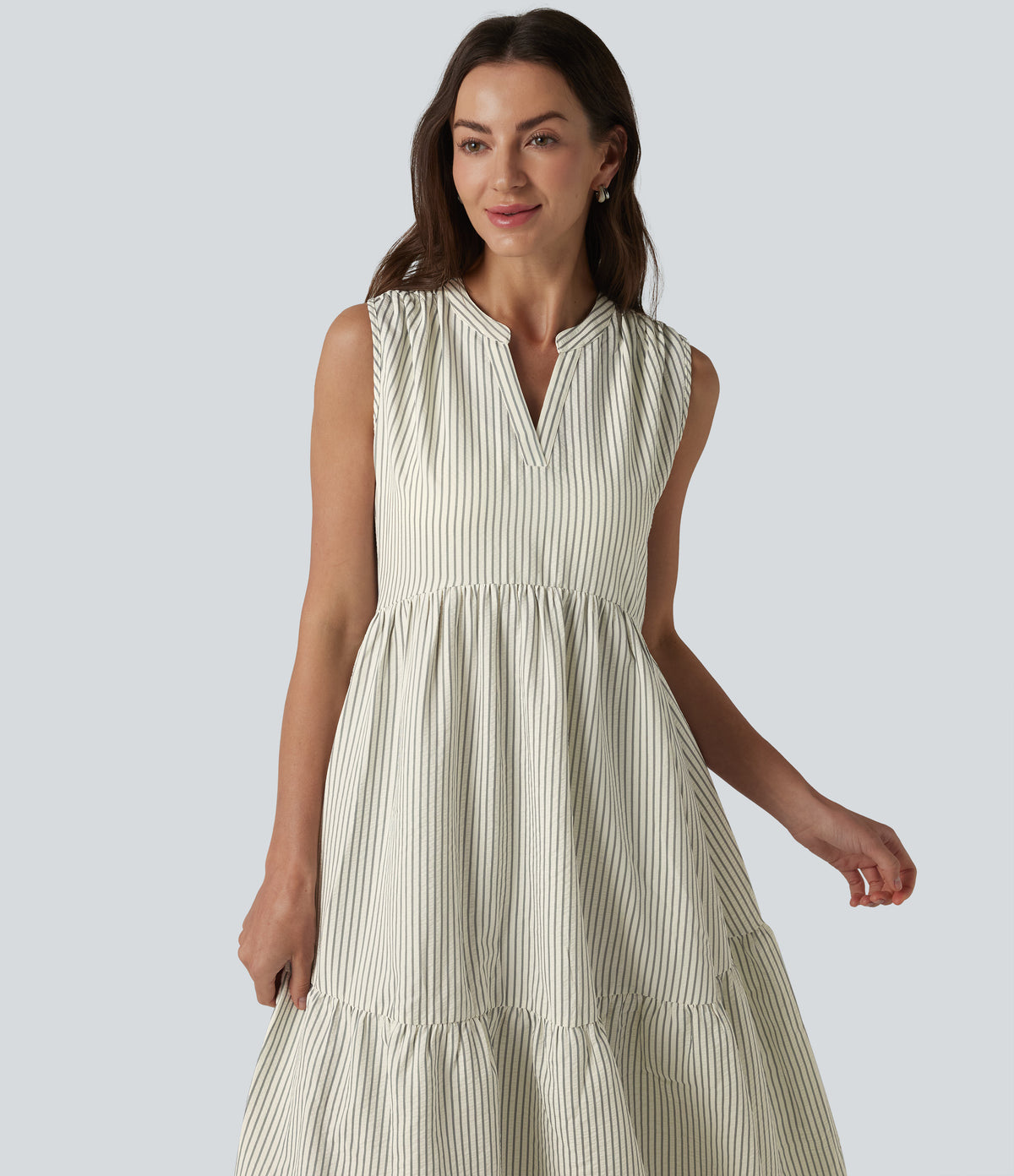 V Neck Built-in Bra Sleeveless Stripe Midi Dress — Foggy Stripe — view 4