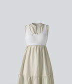 V Neck Built-in Bra Sleeveless Stripe Midi Dress — Foggy Stripe — view 6