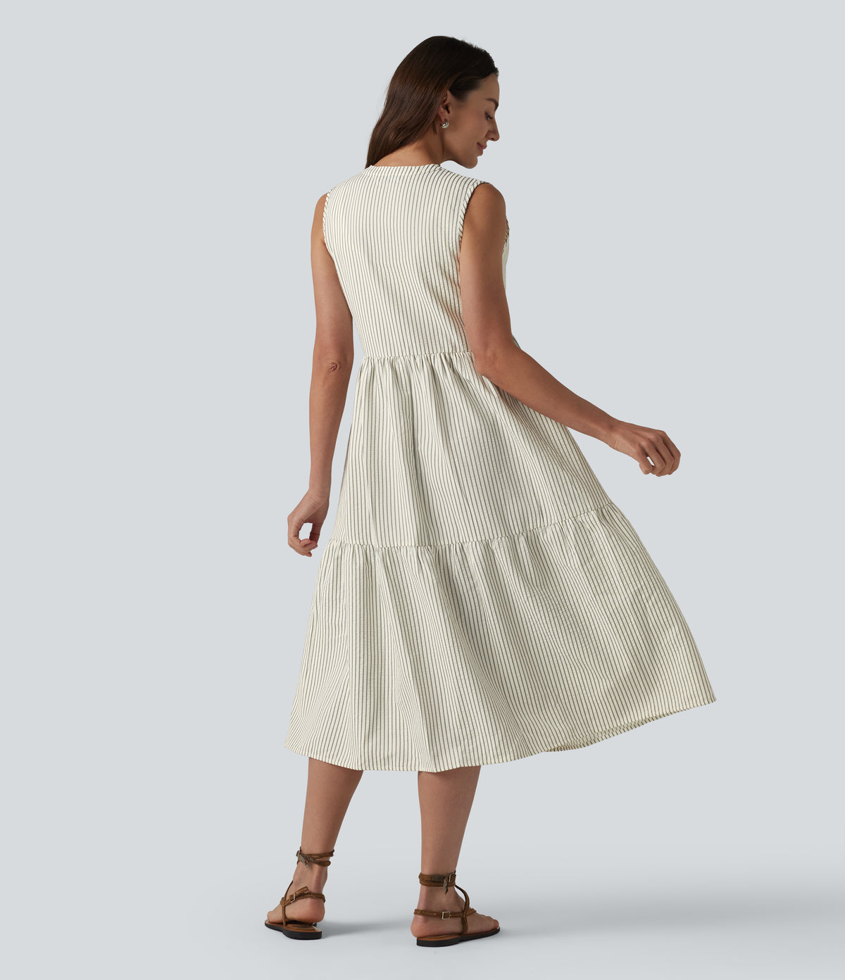 V Neck Built-in Bra Sleeveless Stripe Midi Dress — Foggy Stripe — view 2