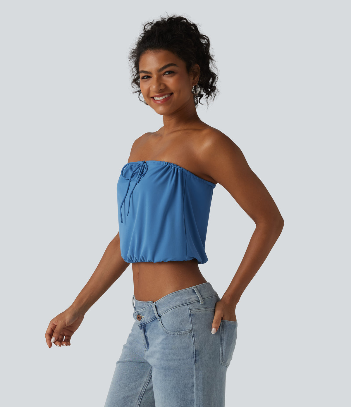 Tube Lace Up Cropped Casual Tank Top — Gloomy Blue — view 3