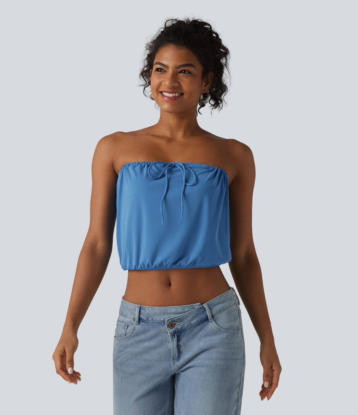 Tube Lace Up Cropped Casual Tank Top — Gloomy Blue — view 1