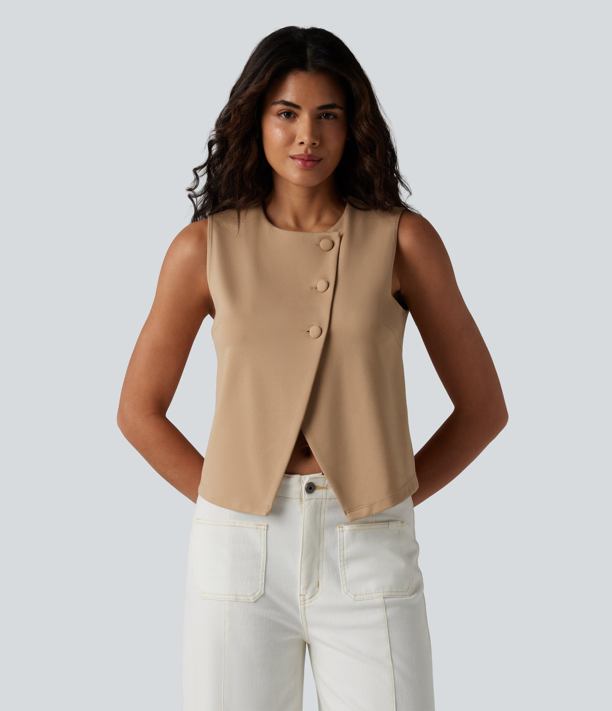 Round Neck Casual Vest — Tan — view 3