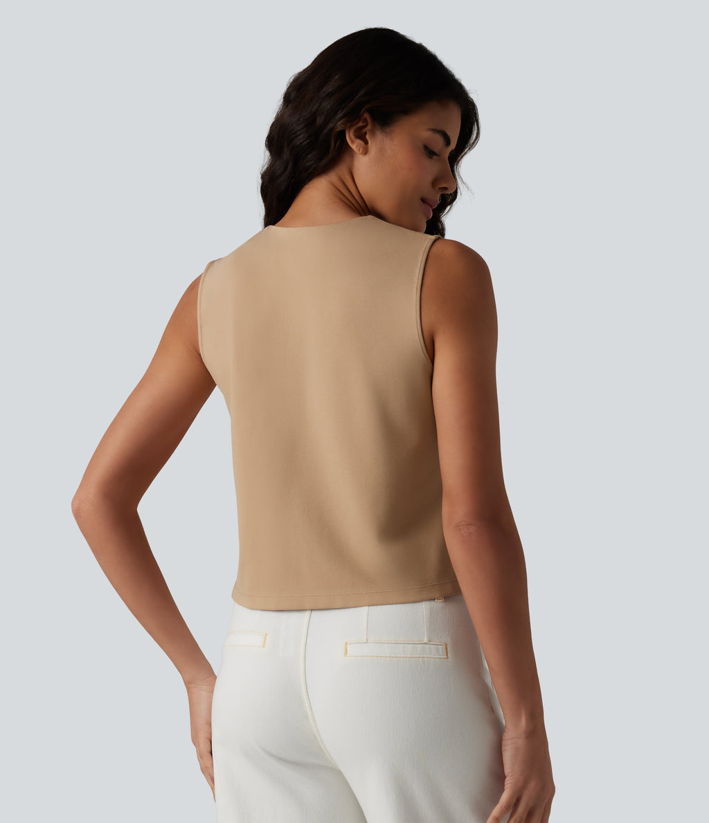 Round Neck Casual Vest — Tan — view 2