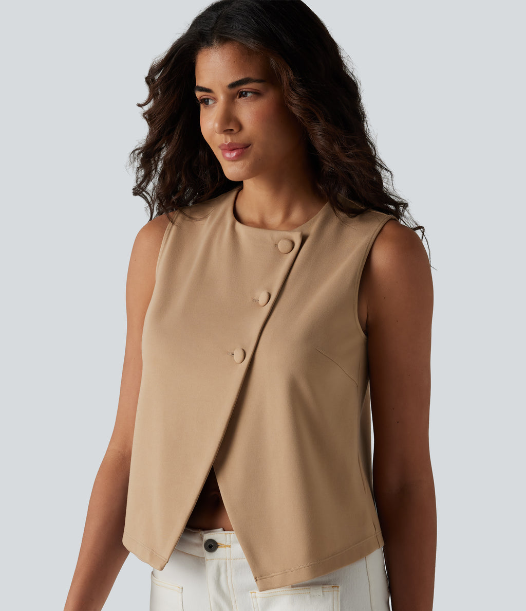 Round Neck Casual Vest — Tan — view 1