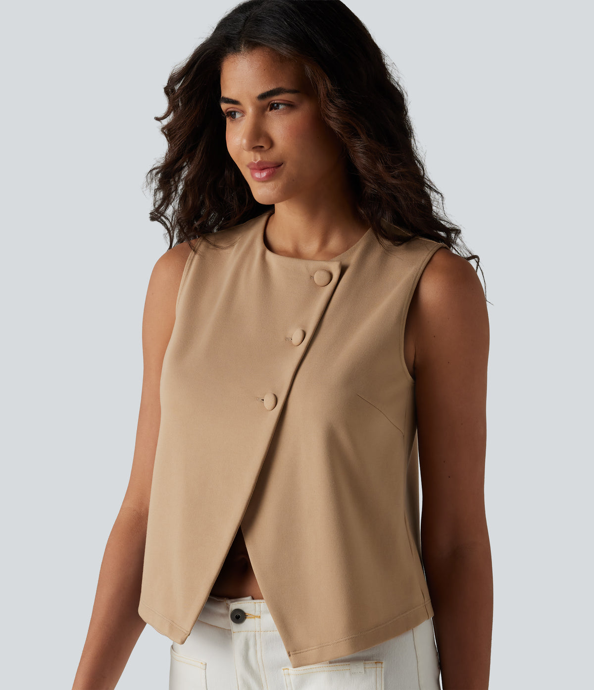 Round Neck Casual Vest — Tan — view 1
