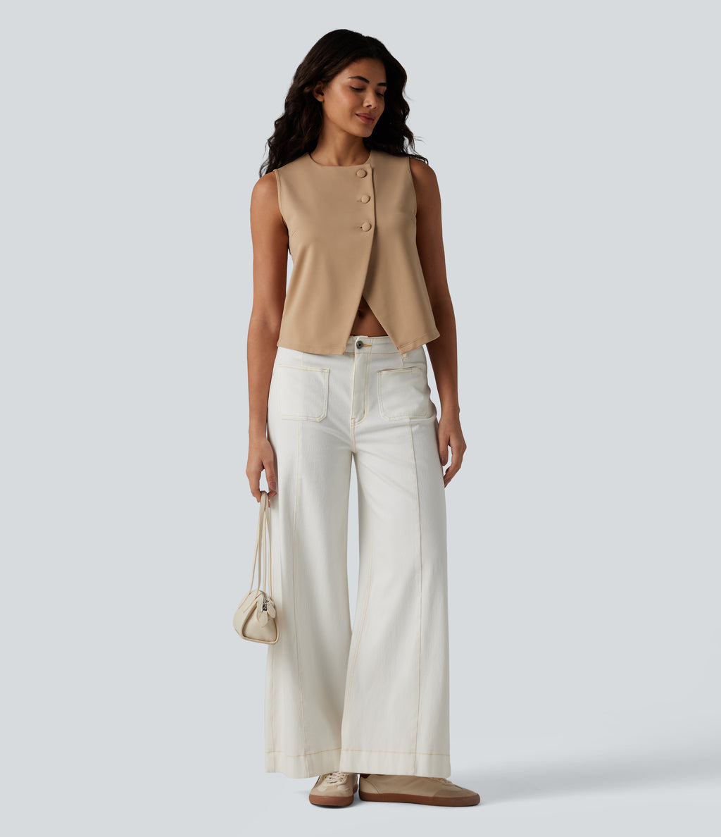 Round Neck Casual Vest — Tan — view 6