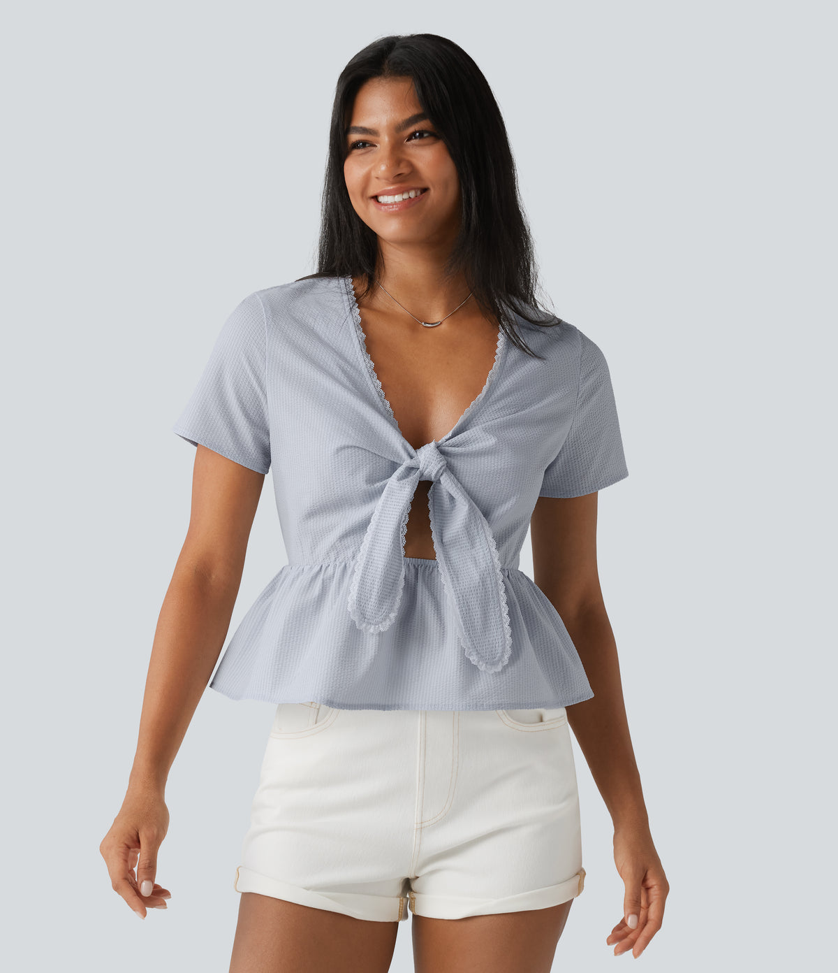 V Neck Tie Front Short Sleeve Quick Dry Top — Powder Blue Solid — view 4