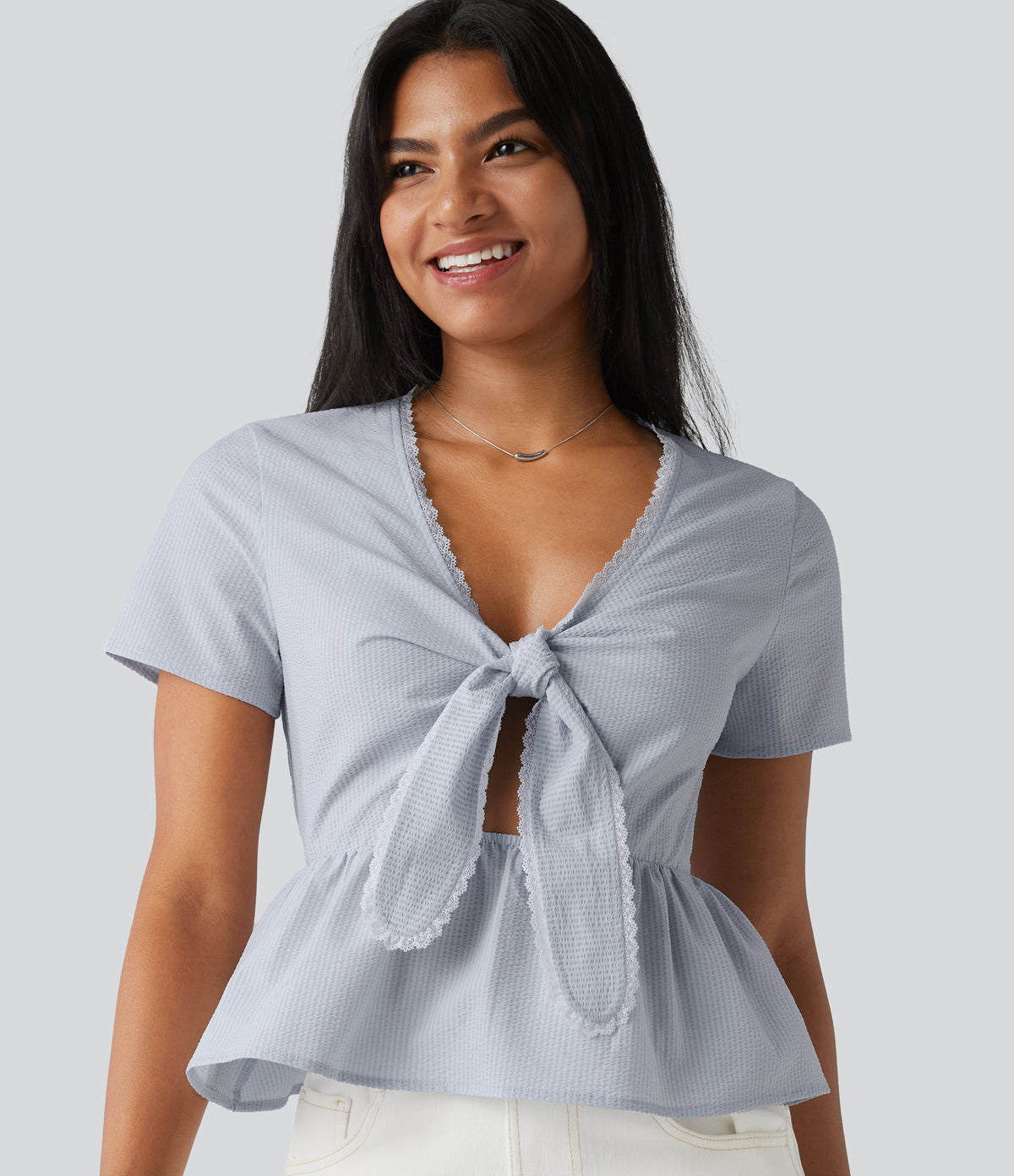 V Neck Tie Front Short Sleeve Quick Dry Top — Powder Blue Solid — view 1