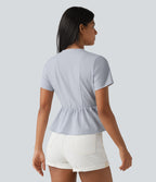V Neck Tie Front Short Sleeve Quick Dry Top — Powder Blue Solid — view 2
