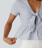 V Neck Tie Front Short Sleeve Quick Dry Top — Powder Blue Solid — view 5
