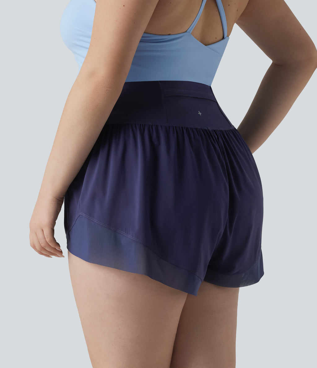 Plus Size High Waisted Crossover Hem Quick Dry Yoga Shorts with Pocket — Black Diamond Blue — view 2