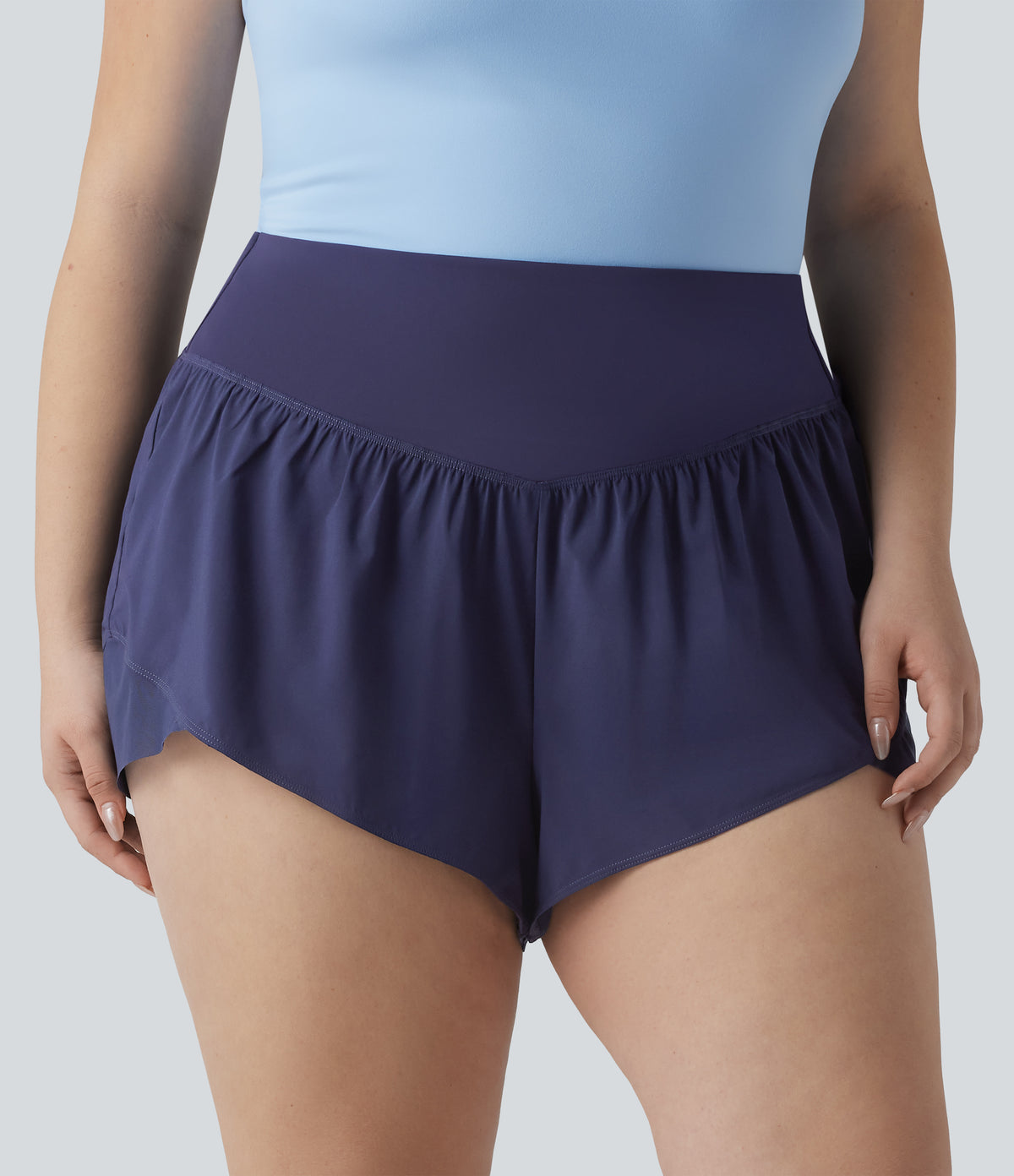 Plus Size High Waisted Crossover Hem Quick Dry Yoga Shorts with Pocket — Black Diamond Blue — view 1