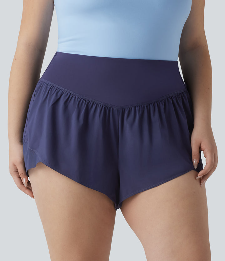 Plus Size High Waisted Crossover Hem Quick Dry Yoga Shorts with Pocket — Black Diamond Blue — view 1