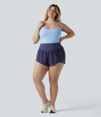 Plus Size High Waisted Crossover Hem Quick Dry Yoga Shorts with Pocket — Black Diamond Blue — view 6