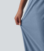 High Waisted Barrel Leg Casual Stretch Linen Trousers with Pockets — Washed Cloud Blue — view 6