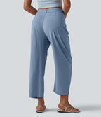High Waisted Barrel Leg Casual Stretch Linen Trousers with Pockets — Washed Cloud Blue — view 2