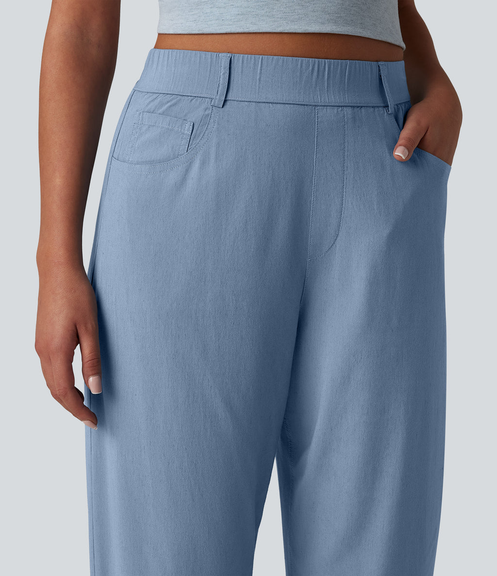 High Waisted Barrel Leg Casual Stretch Linen Trousers with Pockets — Washed Cloud Blue — view 4