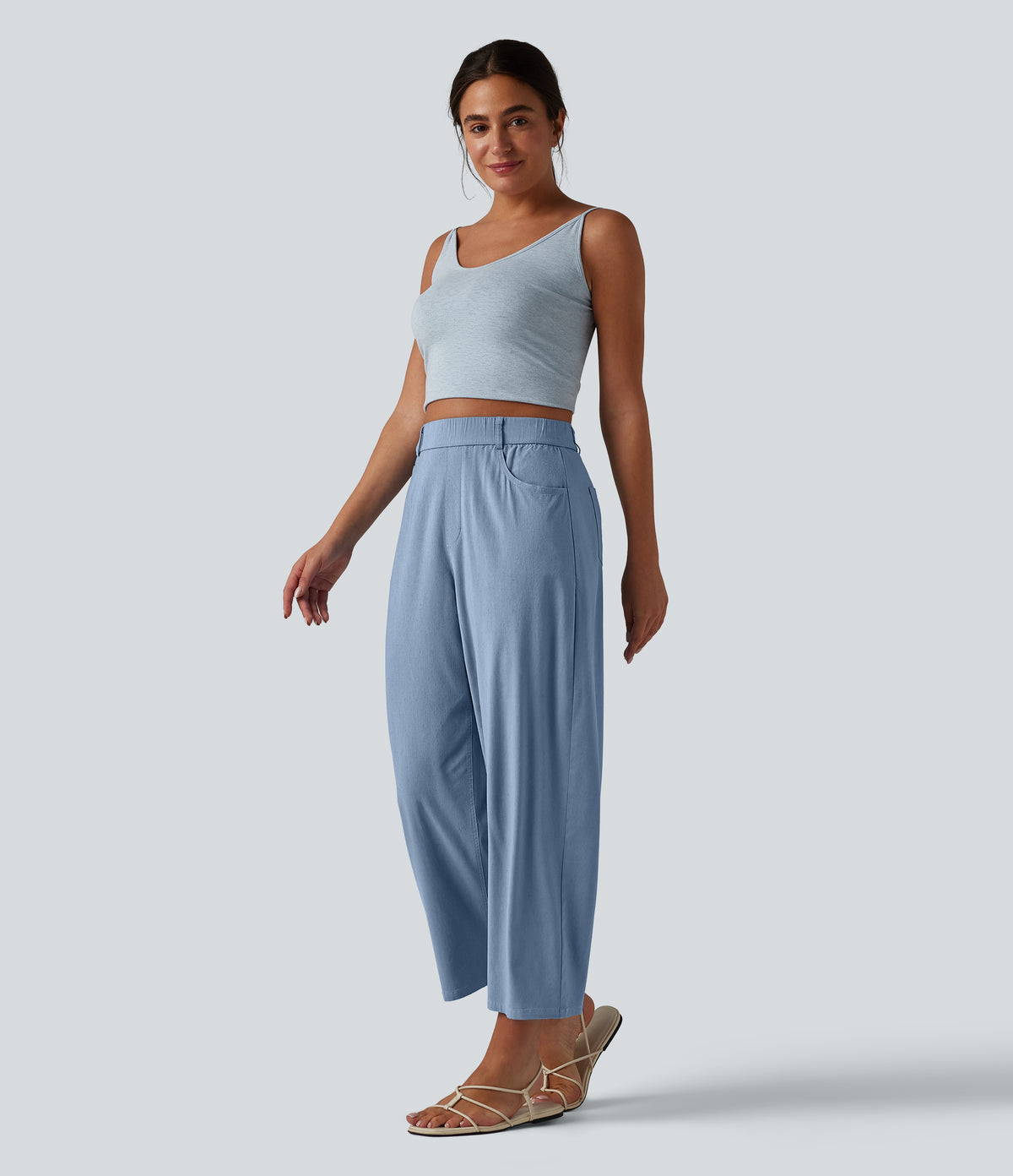 High Waisted Barrel Leg Casual Stretch Linen Trousers with Pockets — Washed Cloud Blue — view 7