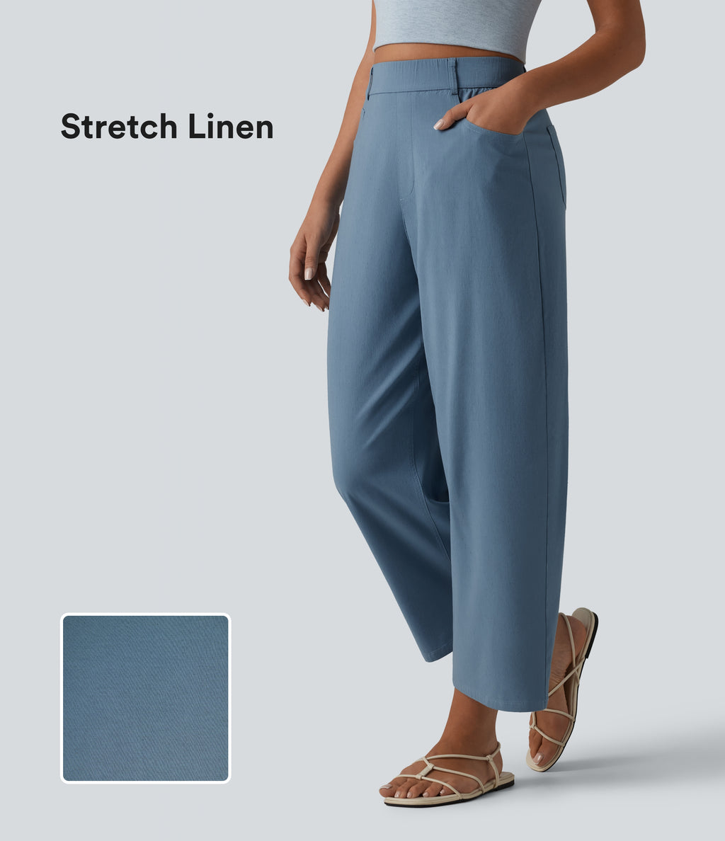 High Waisted Barrel Leg Casual Stretch Linen Trousers with Pockets — Washed Cloud Blue — view 1