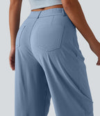 High Waisted Barrel Leg Casual Stretch Linen Trousers with Pockets — Washed Cloud Blue — view 5