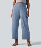 High Waisted Barrel Leg Casual Stretch Linen Trousers with Pockets — Washed Cloud Blue — view 3