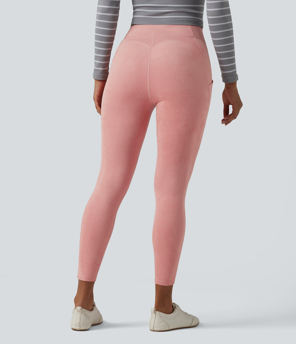 High Waisted Suede Casual Leggings with Pockets — Rosette — view 2