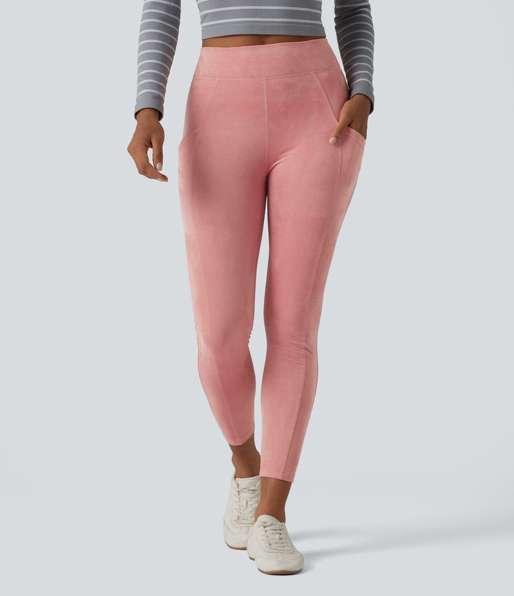 High Waisted Suede Casual Leggings with Pockets — Rosette — view 3