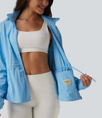 Durable Water Repellent Removable Hood Drawstring Workout Jacket with Zip Pockets — Baltic Sea — view 6