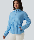 Durable Water Repellent Removable Hood Drawstring Workout Jacket with Zip Pockets — Baltic Sea — view 5
