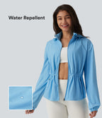 Durable Water Repellent Removable Hood Drawstring Workout Jacket with Zip Pockets — Baltic Sea — view 1
