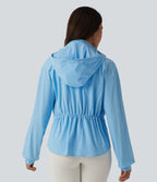 Durable Water Repellent Removable Hood Drawstring Workout Jacket with Zip Pockets — Baltic Sea — view 2