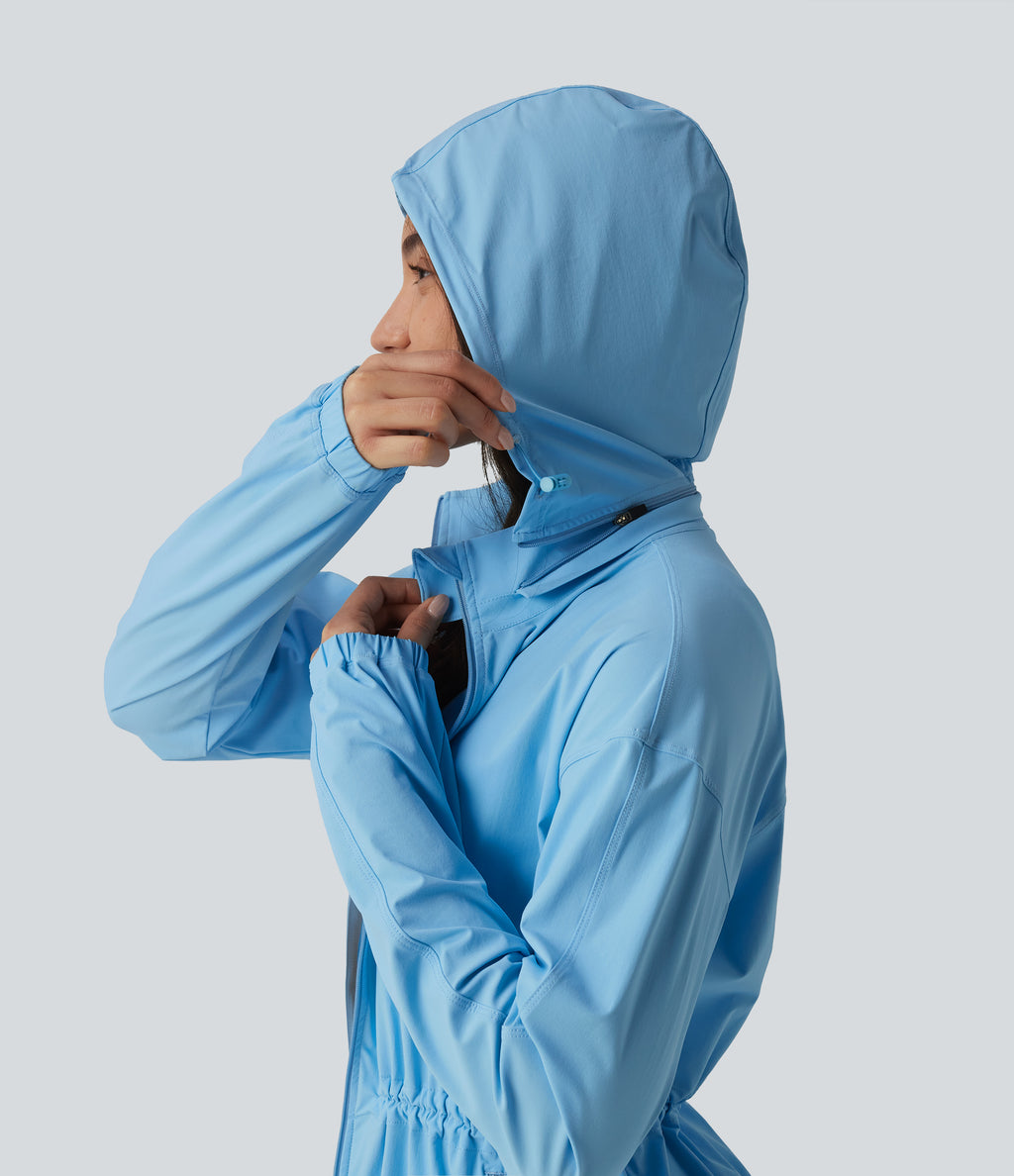 Durable Water Repellent Removable Hood Drawstring Workout Jacket with Zip Pockets — Baltic Sea — view 7