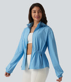 Durable Water Repellent Removable Hood Drawstring Workout Jacket with Zip Pockets — Baltic Sea — view 3